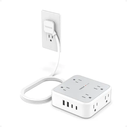 Vista 24 de TESSAN - Tira de alimentación con protector de sobretensiones, cable de extensión plano de 5 pies con 8 salidas de CA, 3 puertos USB (1 USB C), Gris