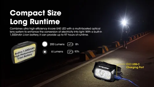 Vista 7 de Nitecore NU30 Linterna frontal LED recargable de 500 lúmenes con haces blancos y rojos