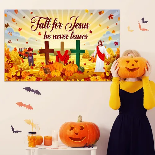Vista 5 de Fondo de otoño para Jesús, pancarta de otoño de calabaza, hoja de arce, decoración de la Biblia, religión cristiana, fondo de poliéster, suministros