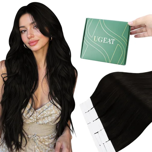 Vista 18 de Ugeat Extensiones de cabello humano con cinta invisible, extensiones de cabello negro con cinta, extensiones de cabello humano negro azabache