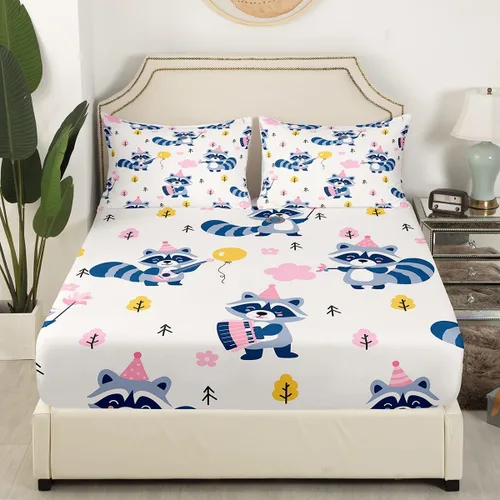 Vista 3 de Erosebridal Juego de sábanas tamaño individual de mapache para niños y niños, sábanas florales rosas de animales del bosque, juego de ropa de cama