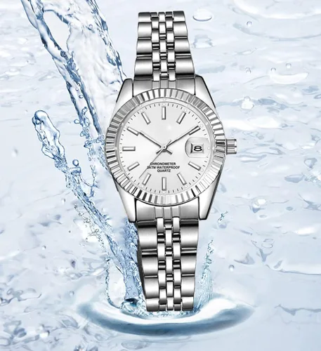 Vista 6 de Reloj analógico de cuarzo para mujer, clásico, plateado, de acero inoxidable, resistente al agua, reloj analógico
