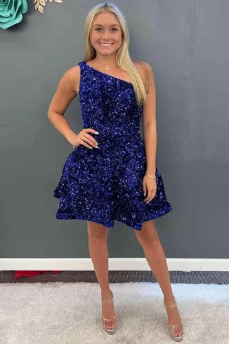 Vista 5 de Vestidos cortos de lentejuelas para fiesta de exalumnos, vestidos cortos brillantes de un hombro para adolescentes, vestido de baile acampanado