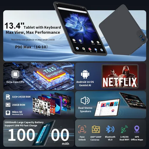 Vista 2 de Tablet Android 16 de 13 pulgadas 2026 con teclado, 32 GB+256 GB+2 TB expandir, tabletas PC con Gemini AI, Octa-Core, 10000mAh, pantalla de 120 Hz