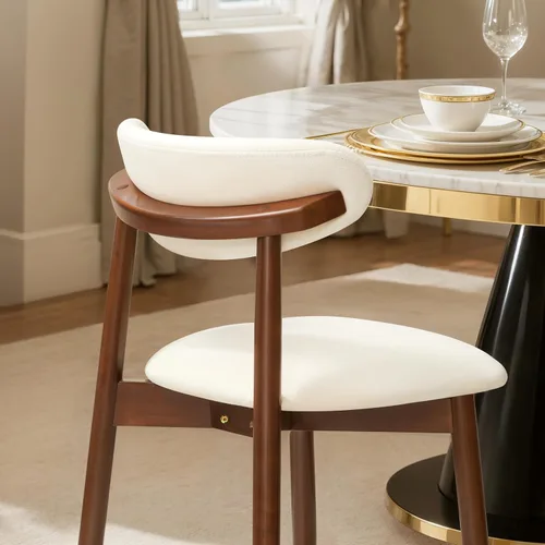 Vista 8 de CHUN YI Juego de 2 sillas de comedor tapizadas de madera maciza, sillas auxiliares de cocina de tela moderna de mediados de siglo con respaldo Beige
