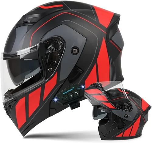 Vista 10 de Casco de motocicleta modular Bluetooth con aprobación DOT, antiempañamiento, doble visera, cara completa, abatible, con altavoz y micrófono