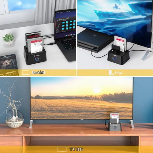 Vista 7 de WAVLINK Estación de acoplamiento de disco duro externo USB 3.0 y USB C a SATA de doble bahía para HDD/SSD de 2.5/3.5 pulgadas con UASP (6Gbps)