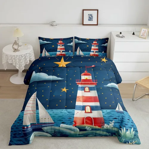 Vista 9 de Erosebridal Juego de edredón de ballena náutica, tamaño individual, juego de ropa de cama vintage azul con ondas oceánicas para niños y niñas