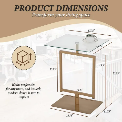 Vista 2 de Kings Brand Furniture Molein - Mesa auxiliar, base de metal dorado con parte superior de vidrio templado, moderna mesa rectangular con pedestal
