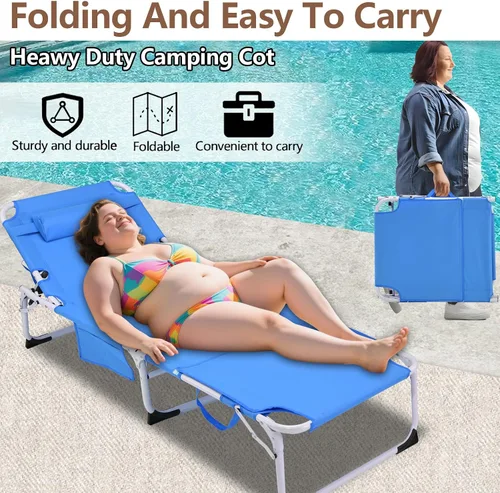 Vista 7 de Silla de bronceado resistente 3 en 1 con orificio para la cara, ajustable de 5 posiciones, sillas tumbonas plegables portátiles que se reclinan Azul