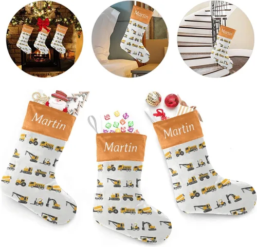 Vista 3 de Camión volquete personalizado Bulldozer divertidas medias de Navidad personalizar con nombre para la familia niños mascotas decoraciones regalo