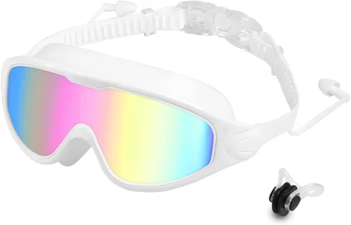 Vista 9 de Gafas de natación para adultos, gafas de natación antivaho y UV con clip de nariz y tapones para los oídos, sin fugas