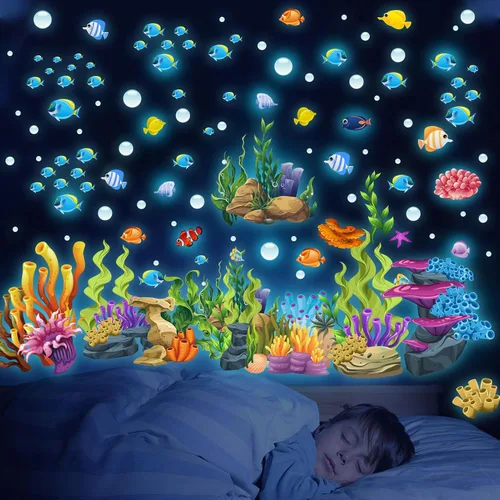 Vista 8 de Adhesivos de pared de animales de la jungla que brillan en la oscuridad, calcomanías de pared luminosas y animales del safari que se pueden quitar