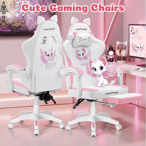 Vista 3 de HOFFREE Silla de juegos rosa para niña, linda silla de computadora de Rosa + blanco