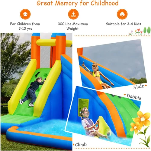 Vista 3 de GYMAX Casa inflable para saltar, tobogán acuático con pared de escalada y piscina de salpicaduras, fácil instalación, casa hinchable resistente
