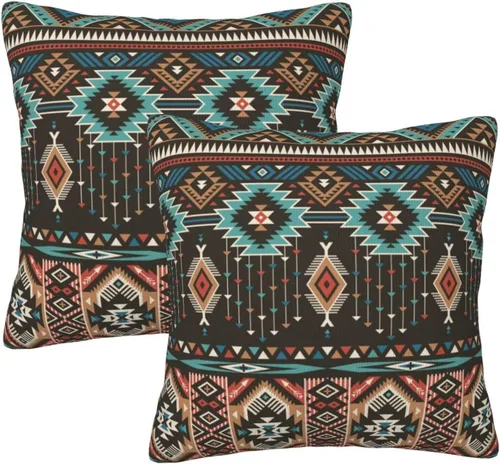 Vista 7 de Juego de 2 fundas de almohada de estilo étnico vintage, estampado geométrico azteca, étnico, tribal, para dormitorio, sala de estar, sofá