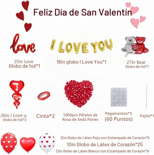 Vista 2 de Globos de San Valentín para Decoración del Día de San Valentín Globos con "I Love You" y Globos de Corazón Kit con 1000 Piezas de Pétalos de Rosa