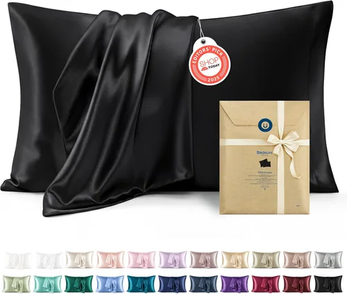 Vista 16 de Bedsure Paquete de 2 fundas de almohada de satén similares a las fundas de almohada de seda tamaño estándar, funda de almohada para mujeres que