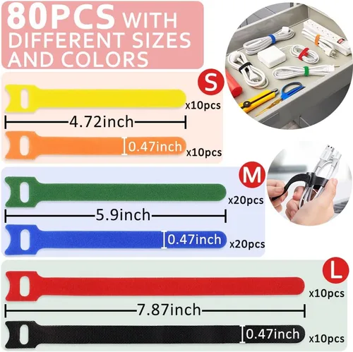 Vista 4 de 80 unidades de bridas de cable reutilizables multicolor, bridas de alambre para gestión de cables, bridas de cordón reutilizables para electrónicos