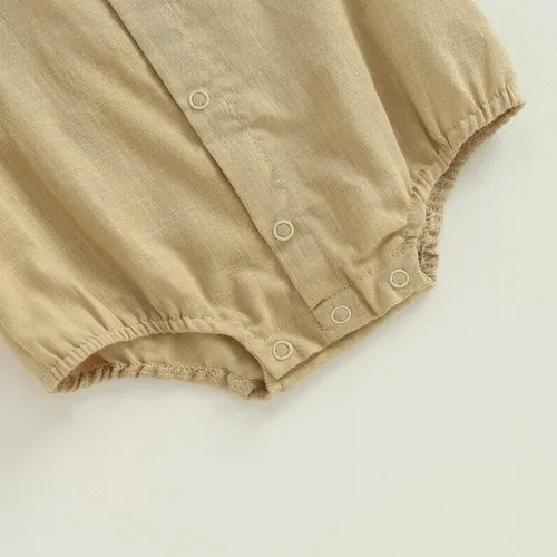 Vista 7 de Mameluco de algodón y lino para bebé recién nacido, color sólido, manga corta, con botones y burbujas, ropa de verano