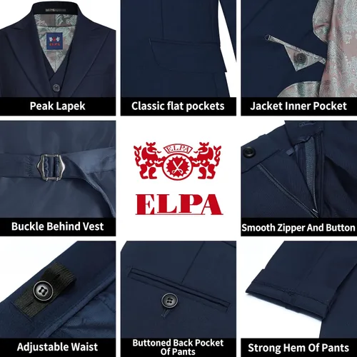 Vista 5 de ELPA ELPA Conjunto de traje formal para niños, trajes de vestir ajustados, trajes negros, trajes azules, trajes grises, conjunto con chaqueta