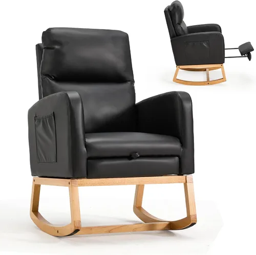 Vista 17 de AVAWING Silla mecedora tapizada con asiento acolchado de tela, cómoda balancín de madera maciza para sala de estar, silla moderna de respaldo alto