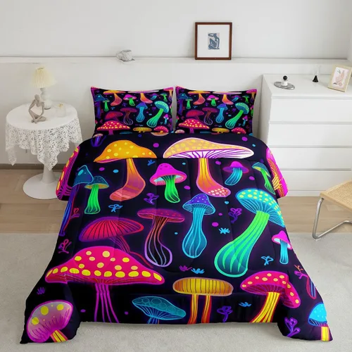 Vista 15 de Feelyou Lindo juego de ropa de cama de hongos kawaii tamaño individual para niños y niñas, decoración de hongos salvajes, juego de edredón