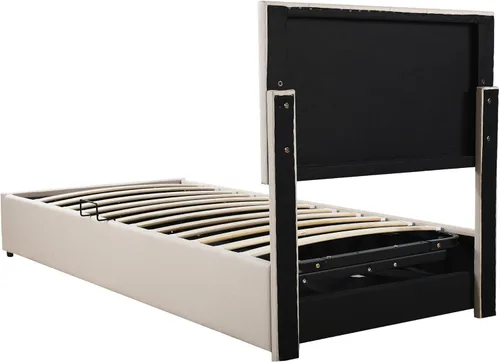 Vista 9 de Harper & Bright Designs Base de cama con plataforma de almacenamiento elevable de tamaño individual con cabecera capitonada de canal vertical Beige