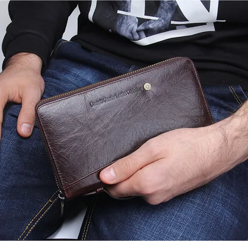 Vista 5 de CONTACTS Bolso de mano de cuero para hombre, cartera con cremallera, organizador de tarjetas de visita de gran capacidad con correa de cuero, bolso