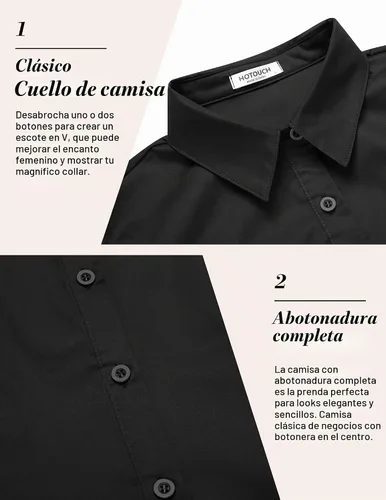 Vista 5 de HOTOUCH Camisas básicas con botones para mujer, manga 3/4, elásticas, con botones, camisa de vestir ajustada para camarera Negro