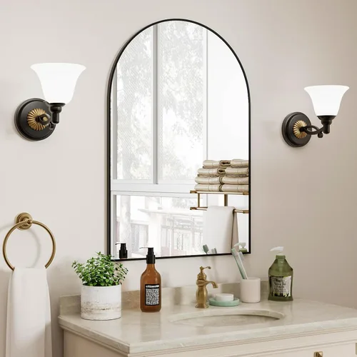 Vista 6 de Rowjut Espejo de pared en forma de arco de 30 x 20 pulgadas, espejo decorativo de pared y baño con marco de hierro, espejos de pared superior