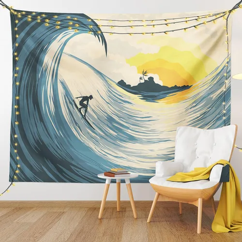 Vista 9 de Ambesonne Tapiz oceánico, ilustración de cielo nublado, isla tropical ola y surfista al atardecer paisaje marino, colgante de pared para dormitorio
