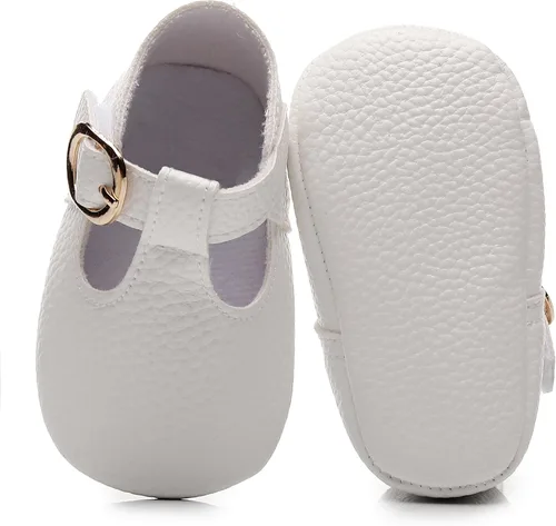 Vista 3 de HONGTEYA Mary Janes - Zapatos planos de piel sintética antideslizante con suela suave para bebés recién nacidos, zapatos de cuna para boda, fiesta