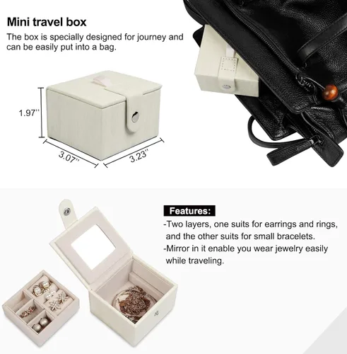 Vista 4 de Homde Caja de joyeríaorganizadorestuche 2 en 1 de piel sintética con estuche de viaje pequeño, regalo para niñas o mujeres (grano de madera blanca)