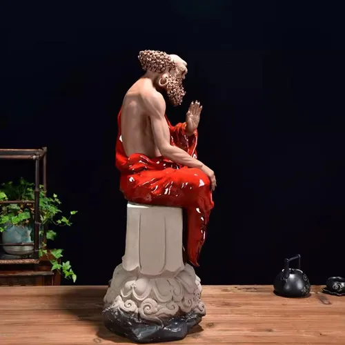 Vista 4 de Estatua de Buda meditadora de cerámica Bodhidharma Adornos Sala de estar Figura Zen China Escultura Oficina Escritorio Estatua de Buda Decoración