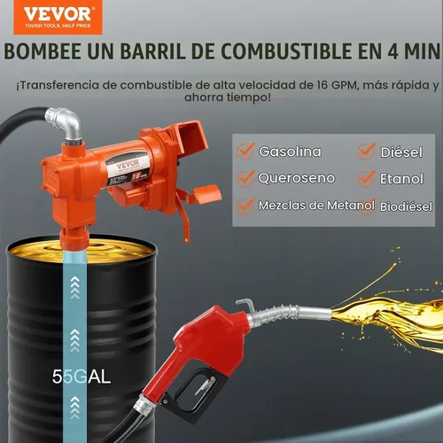Vista 2 de VEVOR Bomba de Transferencia de Combustible, 12V DC 16 GPM 1/4 HP, Bomba Extractora de Gasolina con Boquilla Automática, Manguera de Descarga y Tubo