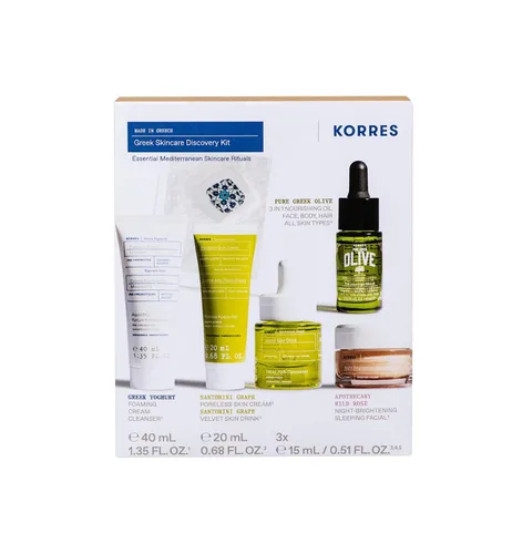 Vista 2 de KORRES Kit de descubrimiento griego, ritual de 5 pasos con limpiador espumoso, bebida de terciopelo para la piel, crema para la piel sin poros