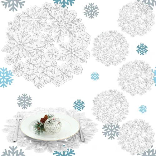 Vista 11 de Yingzhao Juego de 6 manteles individuales de Navidad con poinsettia bordados de doble capa con aplicación de flores rojas de Navidad para decoración