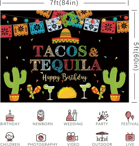 Vista 6 de Telón de fondo de fiesta mexicana de feliz cumpleaños, tacos y tequila, luces coloridas, fondo de fondo de cinco de mayo para fotos, fiesta