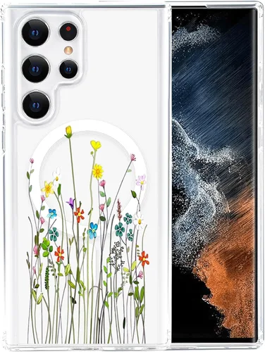Vista 75 de Funda magnética para Samsung Galaxy S22 Ultra Flower, compatible con MagSafe, patrón floral transparente a prueba de golpes, parte trasera