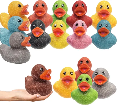 Vista 14 de Surtido de 5 patos de goma con purpurina de 2 pulgadas para niños, regalos de cumpleaños, baby showers, actividades de playa y piscina, 2 pulgadas