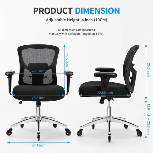 Vista 3 de Silla de oficina grande y alta de 600 libras, silla de malla ergonómica resistente, silla de escritorio ejecutiva para computadora con asiento ancho