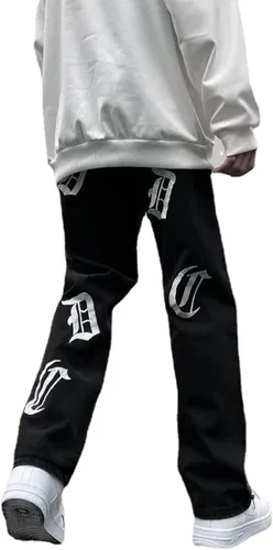 Vista 2 de FantasyGears Y2k - Pantalones de mezclilla para hombre, estilo grunge, hip hop, holgados, pierna recta, pantalones de mezclilla con gráficos