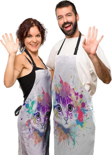 Vista 5 de Delantal de Ama de Casa para Mujeres Gato Colorido Abstracto Divertido Delantales para Hombres para Cocina Cocinar Restaurante BBQ Pintura