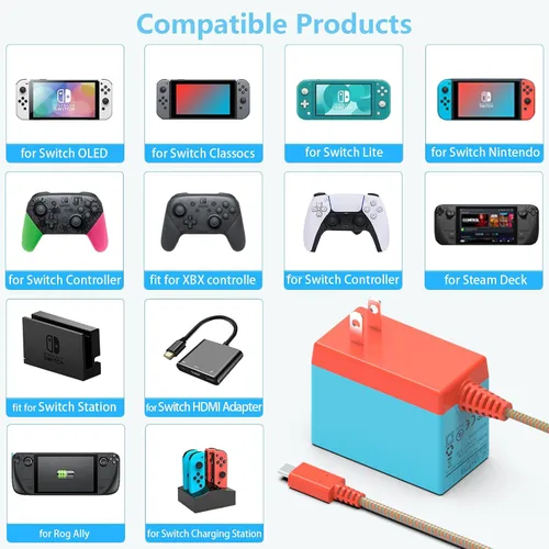 Vista 5 de Cargador Nintendo Switch, cable adaptador de CA de 39 W, cable de alimentación para controlador OLED Switch Lite, accesorios de alimentación USB