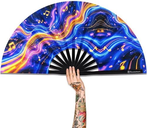 Vista 20 de Abanico Plegable Grande, Abanico Rave Clack de 13 Pulgadas, Abanico de Mano para Mujeres y Hombres con Tela de Satén Premium, Marco de Bambú Grueso