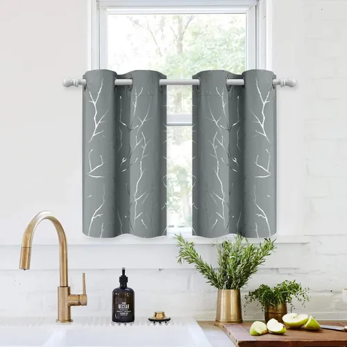 Vista 100 de BUHUA Cortinas pequeñas para ventana de 36 pulgadas de largo, 2 paneles, cortinas opacas con elegantes ramas de árbol plateadas, cortinas de bloqueo