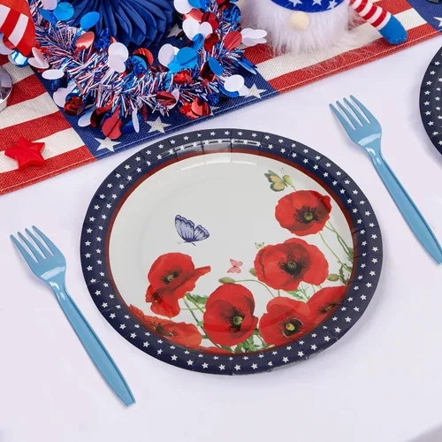Vista 4 de Wehhbtye 100 platos y servilletas de flores de amapola del 4 de julio, platos de papel conmemorativos con tenedores, suministros desechables