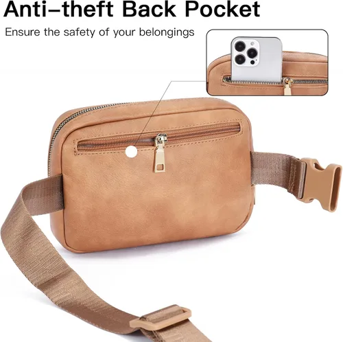 Vista 4 de Telena Riñonera de cuero para mujer, riñoneras de moda para mujer, bolsa cruzada para el cuerpo, Camel marrón