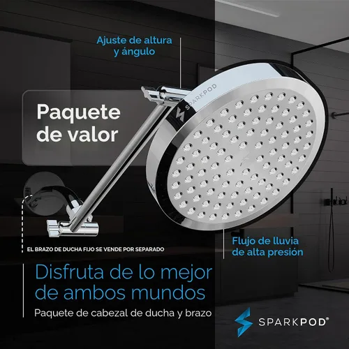 Vista 3 de SparkPod Cabezal de Ducha de Lluvia Redondo con Brazo de Extensión - Cabezal de Ducha de Altura Ajustable con Rendimiento de Alta Presión